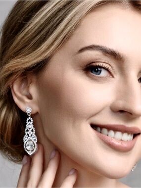 Bridal Crystal Earrings Long Dangle Teardrop Statement Prom Bling Silver Tone